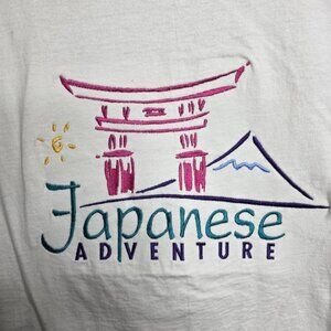Japanese Adventure T Shirt Size Large Japan Day  Fuji Pagoda Crane White Sun